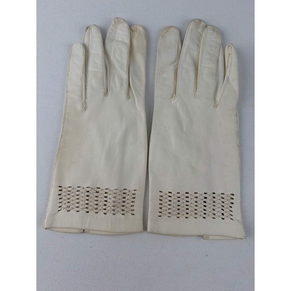 Leather Gloves Womens Size 8 Cream Woven Lattice Vintage 60s Formal